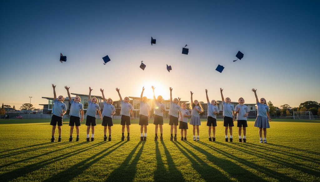Capturing Templestowe school memories beautifully: A dramatic, sun-kissed photograph of primary school children laughing joyfully on a sports oval in Templestowe, during golden hour, with an expansive, vibrant green field and classic Templestowe architecture in the soft-focus background, showcasing a genuine, candid moment of childhood happiness with professional lighting and colour grading.