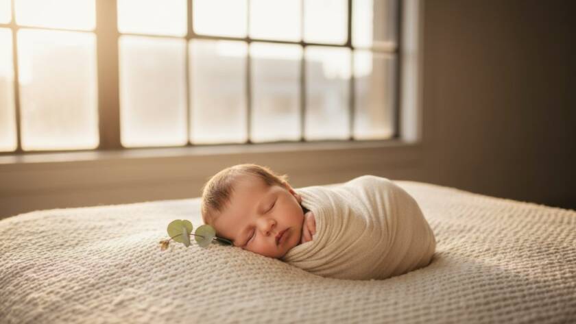 A heartwarming, 'epic moment' style photograph of a newborn baby gently swaddled in soft, natural fibres, nestled in a rustic wooden basket amidst a soft, sunlit setting. The baby is peacefully asleep, with a subtle smile, captured with shallow depth of field and warm, golden hour lighting pouring through a window, highlighting tiny details. This image perfectly encapsulates the serene beauty of professional newborn photography in Brooklyn, VIC.