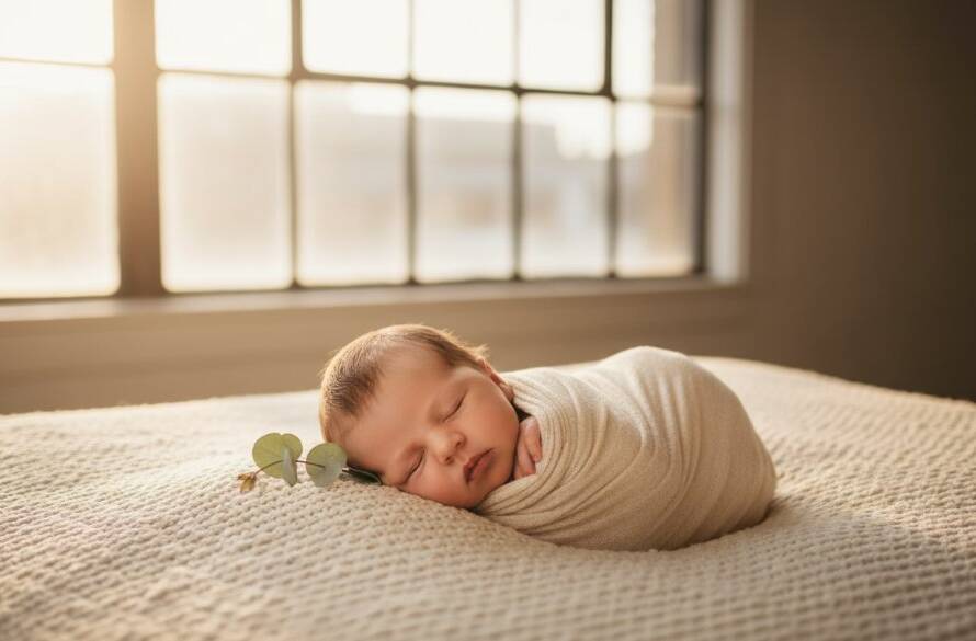 A heartwarming, 'epic moment' style photograph of a newborn baby gently swaddled in soft, natural fibres, nestled in a rustic wooden basket amidst a soft, sunlit setting. The baby is peacefully asleep, with a subtle smile, captured with shallow depth of field and warm, golden hour lighting pouring through a window, highlighting tiny details. This image perfectly encapsulates the serene beauty of professional newborn photography in Brooklyn, VIC.
