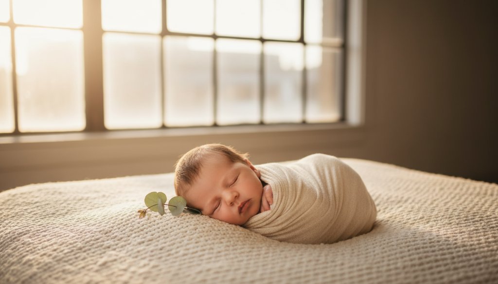 A heartwarming, 'epic moment' style photograph of a newborn baby gently swaddled in soft, natural fibres, nestled in a rustic wooden basket amidst a soft, sunlit setting. The baby is peacefully asleep, with a subtle smile, captured with shallow depth of field and warm, golden hour lighting pouring through a window, highlighting tiny details. This image perfectly encapsulates the serene beauty of professional newborn photography in Brooklyn, VIC.