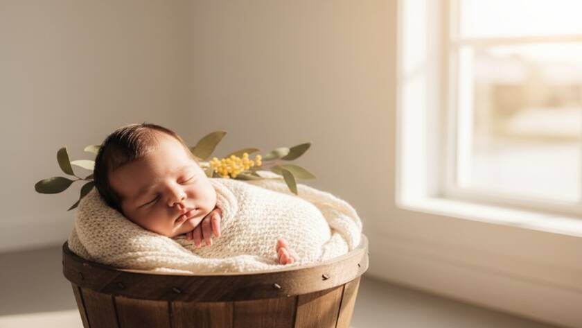 A serene close-up photograph capturing tender newborn moments Chelsea Victoria photography, showing a baby peacefully sleeping wrapped in soft white fabric on a textured blanket, with dappled sunlight filtering through a window, creating a warm, ethereal glow around the baby's face, highlighting tiny features.