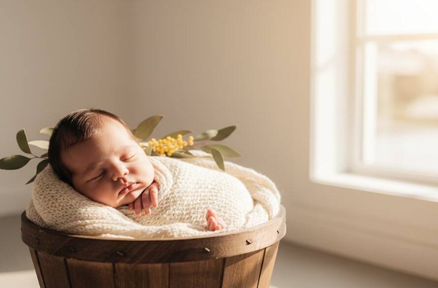 A serene close-up photograph capturing tender newborn moments Chelsea Victoria photography, showing a baby peacefully sleeping wrapped in soft white fabric on a textured blanket, with dappled sunlight filtering through a window, creating a warm, ethereal glow around the baby's face, highlighting tiny features.