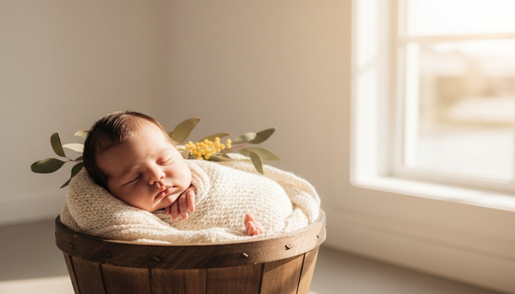 A serene close-up photograph capturing tender newborn moments Chelsea Victoria photography, showing a baby peacefully sleeping wrapped in soft white fabric on a textured blanket, with dappled sunlight filtering through a window, creating a warm, ethereal glow around the baby's face, highlighting tiny features.