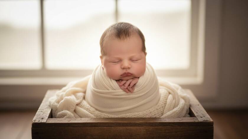 A beautifully composed, dramatic studio shot capturing tender newborn moments Heatherdale Victoria, featuring a sleeping baby swaddled in soft fabric, surrounded by gentle, dreamlike light, evoking peace and new beginnings.
