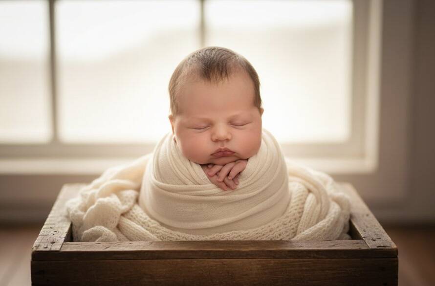 A beautifully composed, dramatic studio shot capturing tender newborn moments Heatherdale Victoria, featuring a sleeping baby swaddled in soft fabric, surrounded by gentle, dreamlike light, evoking peace and new beginnings.