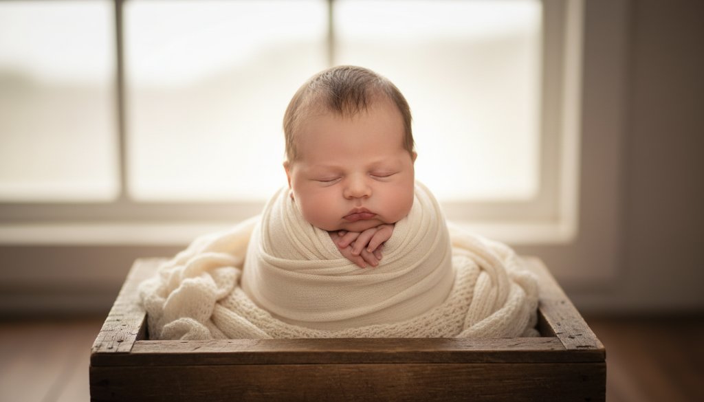 A beautifully composed, dramatic studio shot capturing tender newborn moments Heatherdale Victoria, featuring a sleeping baby swaddled in soft fabric, surrounded by gentle, dreamlike light, evoking peace and new beginnings.
