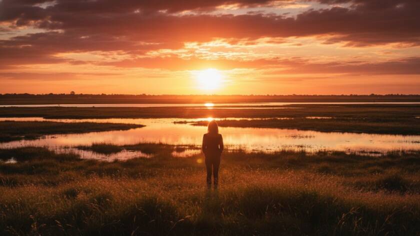 An emotionally charged fine art photograph Capturing Timeless Fine Art Photography Moments in Clyde North, featuring a solitary figure silhouetted against a dramatic sunset over the expansive wetlands near Casey Fields, with soft, golden light highlighting the poignant landscape.