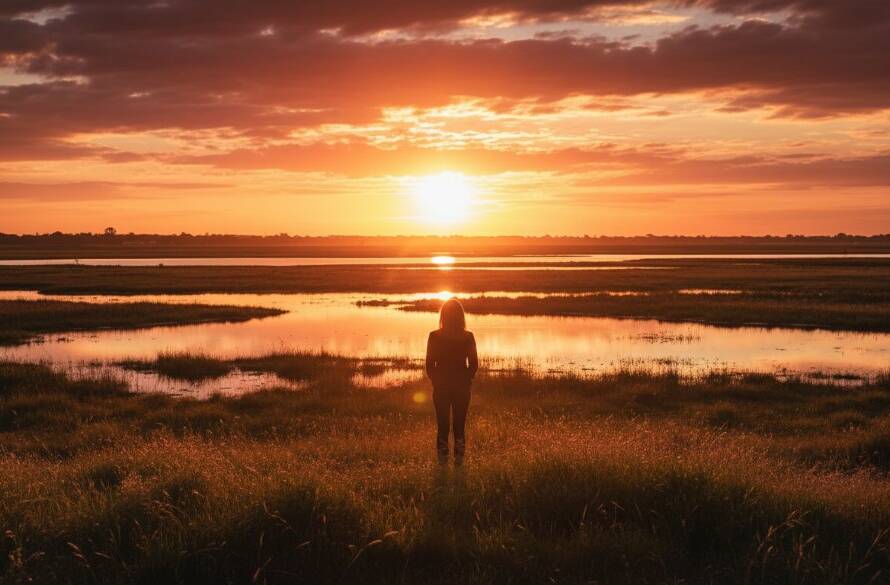 An emotionally charged fine art photograph Capturing Timeless Fine Art Photography Moments in Clyde North, featuring a solitary figure silhouetted against a dramatic sunset over the expansive wetlands near Casey Fields, with soft, golden light highlighting the poignant landscape.