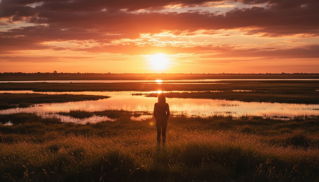 An emotionally charged fine art photograph Capturing Timeless Fine Art Photography Moments in Clyde North, featuring a solitary figure silhouetted against a dramatic sunset over the expansive wetlands near Casey Fields, with soft, golden light highlighting the poignant landscape.