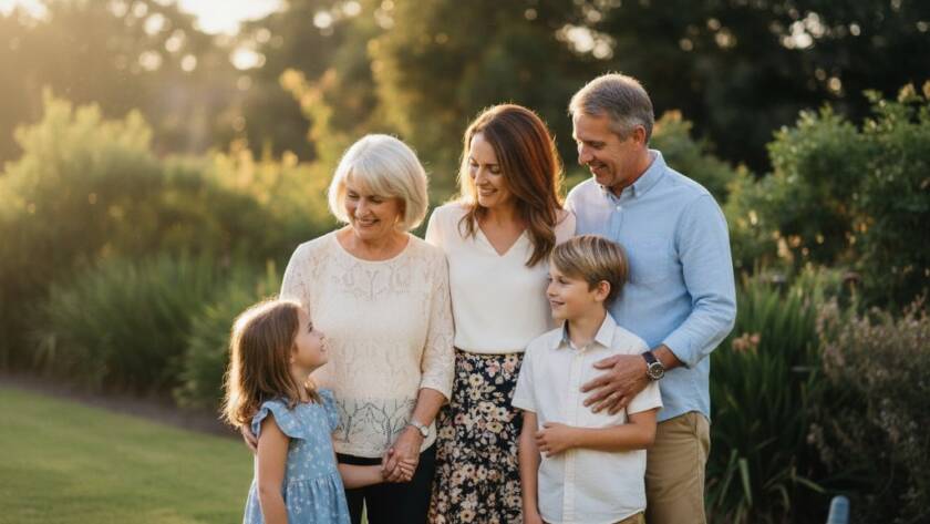 An emotionally resonant, professional fine art portrait of a multi-generational Australian family sharing a tender moment in a beautifully sun-dappled garden in Ashwood, Victoria, embodying the essence of capturing timeless fine art portraits Ashwood Victoria.