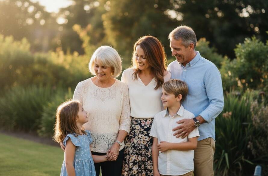 An emotionally resonant, professional fine art portrait of a multi-generational Australian family sharing a tender moment in a beautifully sun-dappled garden in Ashwood, Victoria, embodying the essence of capturing timeless fine art portraits Ashwood Victoria.