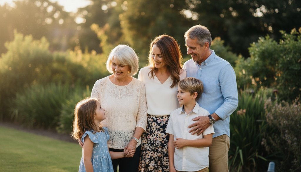 An emotionally resonant, professional fine art portrait of a multi-generational Australian family sharing a tender moment in a beautifully sun-dappled garden in Ashwood, Victoria, embodying the essence of capturing timeless fine art portraits Ashwood Victoria.