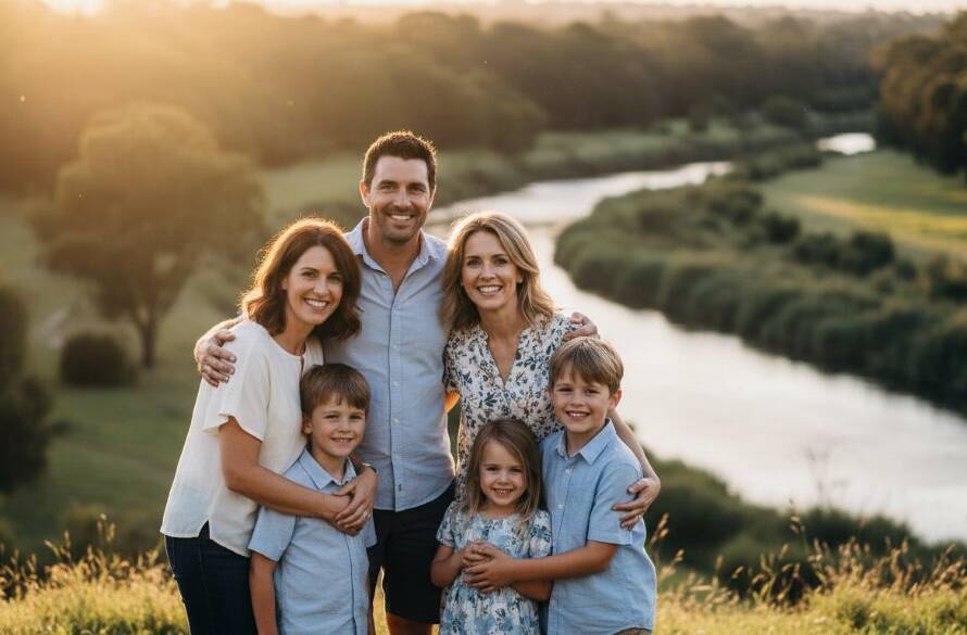 A family joyfully embracing amidst the golden hour glow of a natural landscape in Keilor, Victoria, beautifully illustrating capturing timeless fine art portraits Keilor Victoria with dramatic, cinematic lighting.