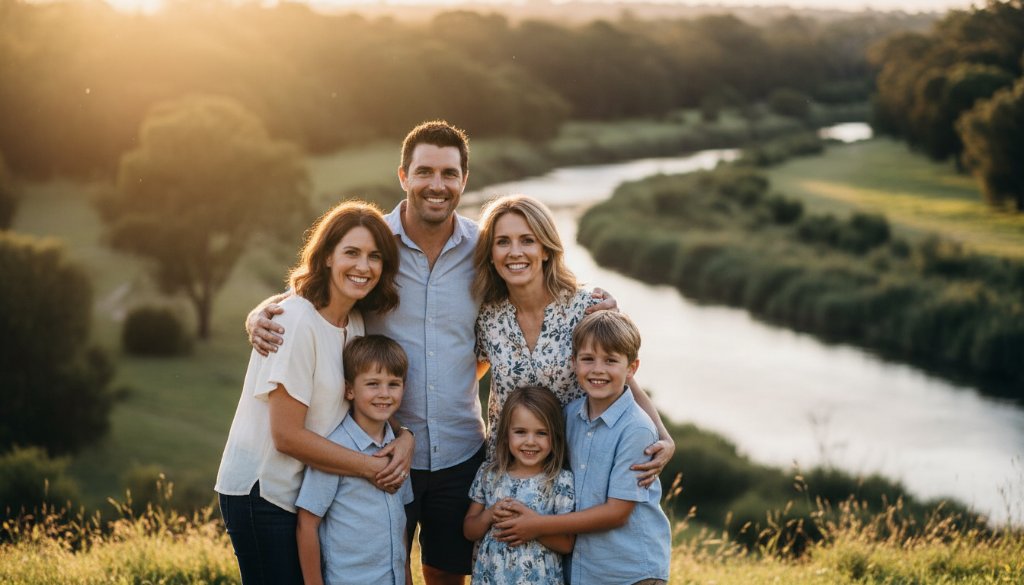 A family joyfully embracing amidst the golden hour glow of a natural landscape in Keilor, Victoria, beautifully illustrating capturing timeless fine art portraits Keilor Victoria with dramatic, cinematic lighting.