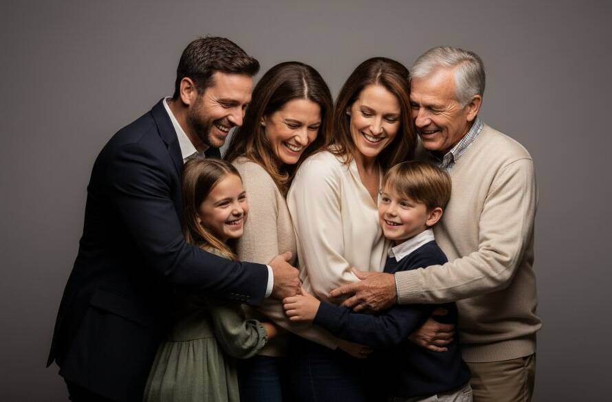 A powerful, cinematic photograph showcasing the artistry of capturing timeless studio portraits Ringwood Victoria, featuring a family's joyous embrace in a modern studio with dramatic backlighting and a deep emotional connection.