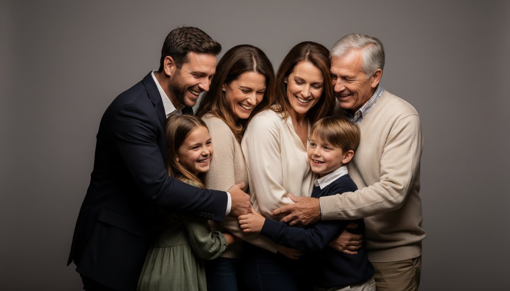 A powerful, cinematic photograph showcasing the artistry of capturing timeless studio portraits Ringwood Victoria, featuring a family's joyous embrace in a modern studio with dramatic backlighting and a deep emotional connection.