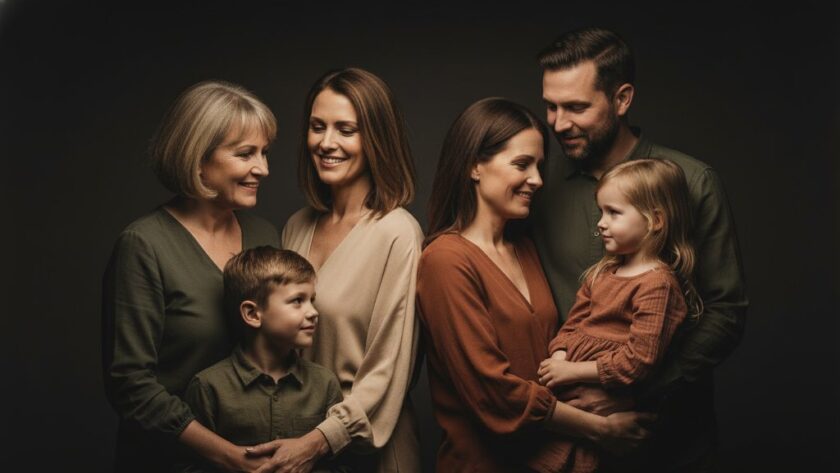 A powerfully lit studio portrait capturing timeless studio portraits South Geelong Victoria, featuring a joyful family bathed in soft, dramatic light, celebrating connection and warmth.