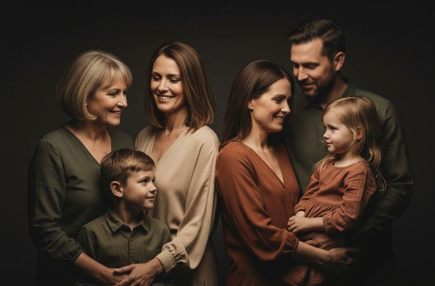 A powerfully lit studio portrait capturing timeless studio portraits South Geelong Victoria, featuring a joyful family bathed in soft, dramatic light, celebrating connection and warmth.