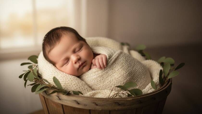 A heartwarming, softly lit 'epic moment' photograph capturing tranquil Warrandyte South newborn moments, featuring a peacefully sleeping baby nestled in a textured wrap, bathed in golden light filtering through a window, a parent's hand gently cradling the infant's head, conveying immense love and serenity in a professional, colour-graded style.