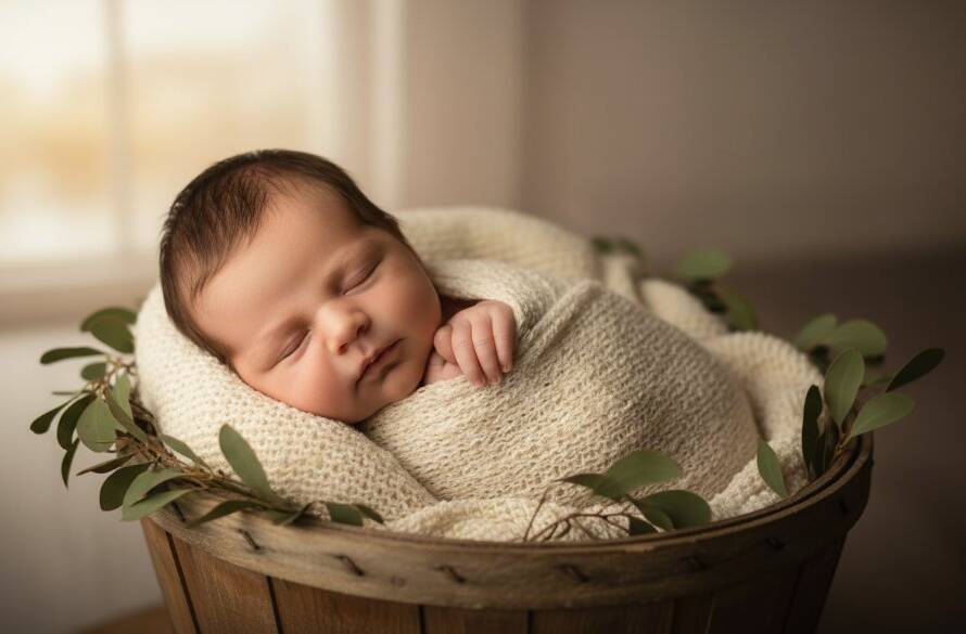 A heartwarming, softly lit 'epic moment' photograph capturing tranquil Warrandyte South newborn moments, featuring a peacefully sleeping baby nestled in a textured wrap, bathed in golden light filtering through a window, a parent's hand gently cradling the infant's head, conveying immense love and serenity in a professional, colour-graded style.