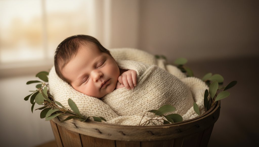 A heartwarming, softly lit 'epic moment' photograph capturing tranquil Warrandyte South newborn moments, featuring a peacefully sleeping baby nestled in a textured wrap, bathed in golden light filtering through a window, a parent's hand gently cradling the infant's head, conveying immense love and serenity in a professional, colour-graded style.
