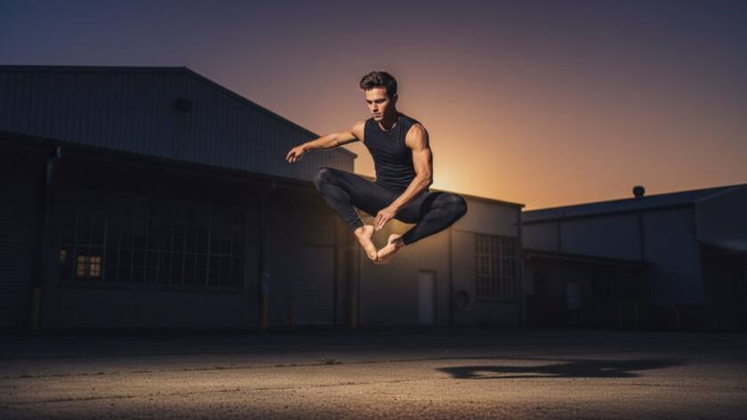 A professional, dramatically lit photograph capturing Truganina Dance Photography Epic Moments, featuring a ballet dancer mid-air in a powerful leap, silhouetted against a moody industrial backdrop in Truganina, bathed in warm, cinematic light.