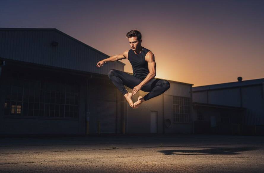 A professional, dramatically lit photograph capturing Truganina Dance Photography Epic Moments, featuring a ballet dancer mid-air in a powerful leap, silhouetted against a moody industrial backdrop in Truganina, bathed in warm, cinematic light.