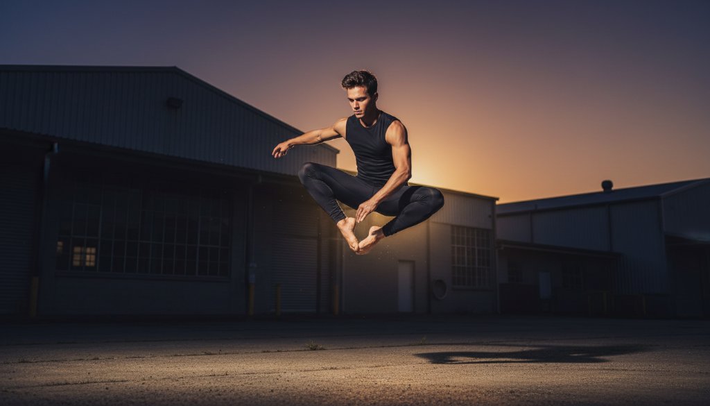 A professional, dramatically lit photograph capturing Truganina Dance Photography Epic Moments, featuring a ballet dancer mid-air in a powerful leap, silhouetted against a moody industrial backdrop in Truganina, bathed in warm, cinematic light.