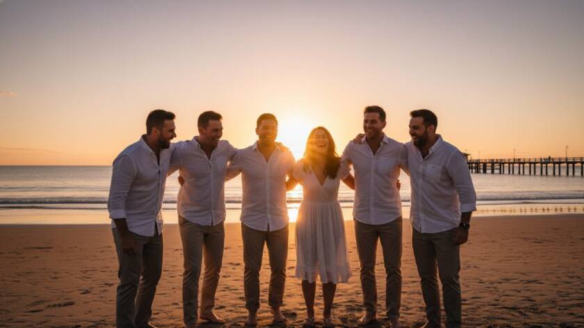 A stunning, cinematic photograph of guests celebrating an outdoor event at dusk, with the vibrant sunset over Carrum Beach in the background, expertly capturing unforgettable Carrum events photography in a beautiful, emotional style.