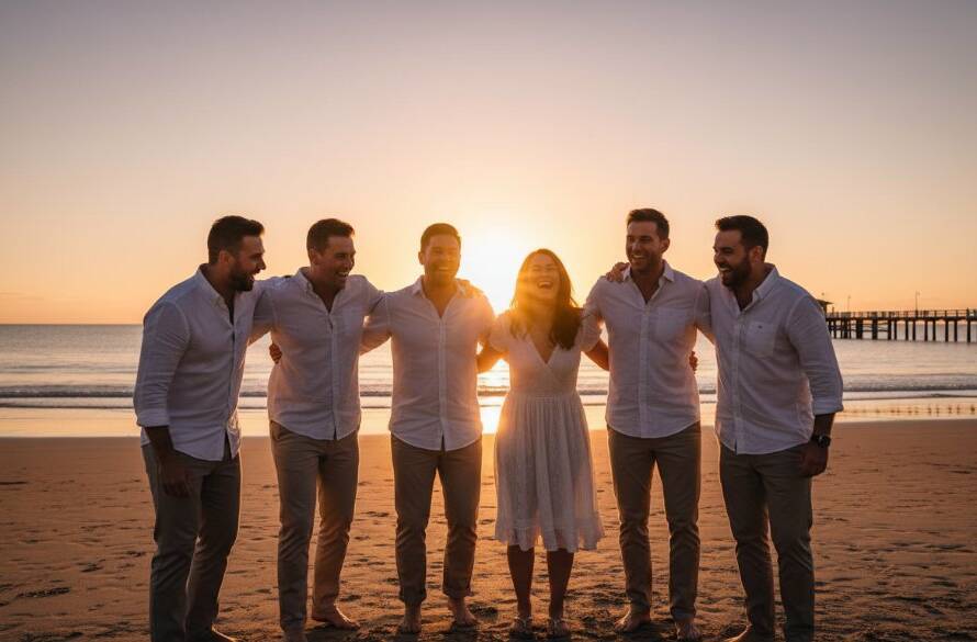 A stunning, cinematic photograph of guests celebrating an outdoor event at dusk, with the vibrant sunset over Carrum Beach in the background, expertly capturing unforgettable Carrum events photography in a beautiful, emotional style.