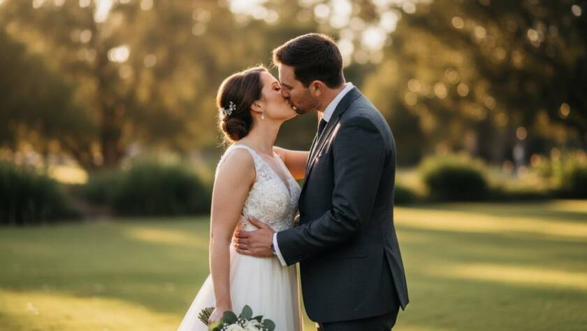 An epic, dramatically lit photograph Capturing Unforgettable Clayton Wedding Photography Moments, showing a newly married couple embracing joyfully amidst the dappled light of a historic Clayton park, with warm golden hour tones and a shallow depth of field, showcasing their genuine connection.
