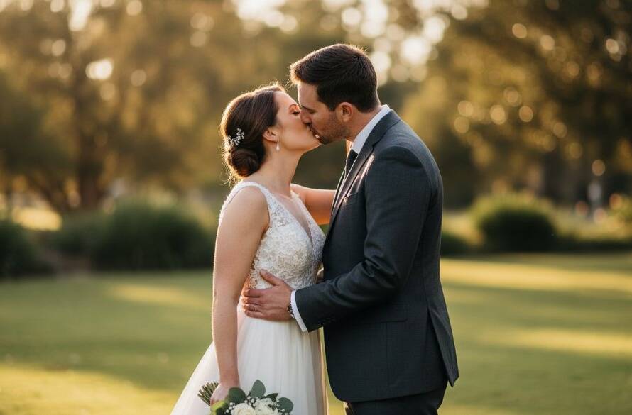 An epic, dramatically lit photograph Capturing Unforgettable Clayton Wedding Photography Moments, showing a newly married couple embracing joyfully amidst the dappled light of a historic Clayton park, with warm golden hour tones and a shallow depth of field, showcasing their genuine connection.