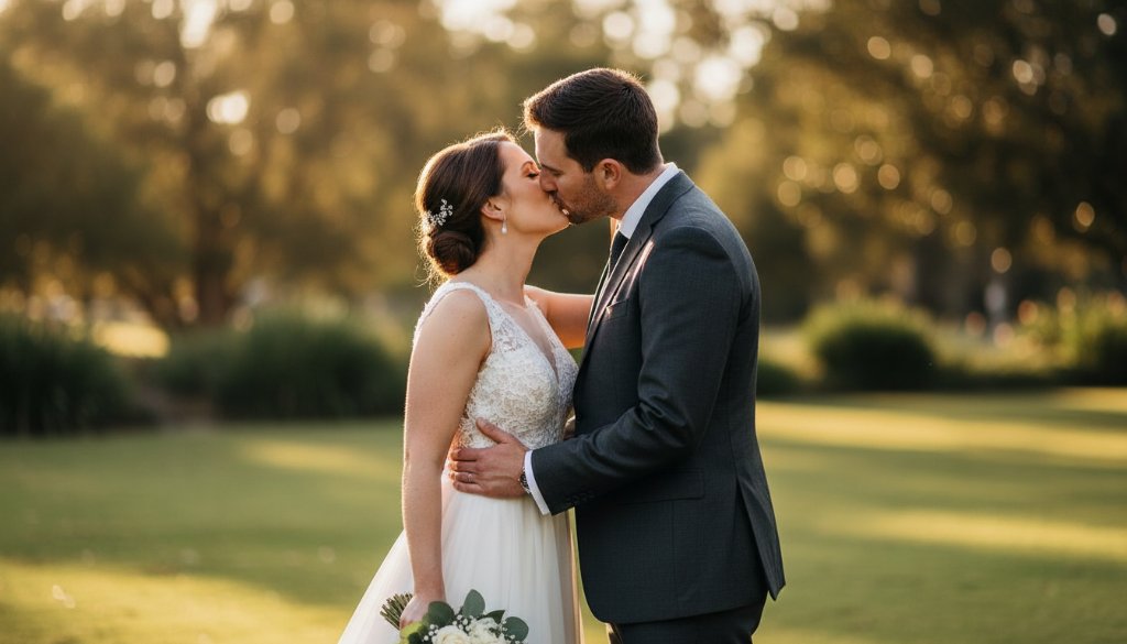 An epic, dramatically lit photograph Capturing Unforgettable Clayton Wedding Photography Moments, showing a newly married couple embracing joyfully amidst the dappled light of a historic Clayton park, with warm golden hour tones and a shallow depth of field, showcasing their genuine connection.