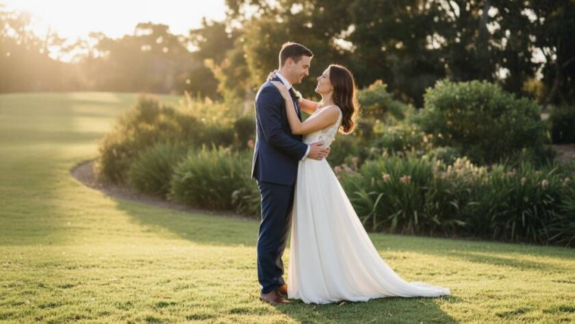 A couple sharing a tender, joyful embrace at sunset in a scenic Doncaster park, with soft golden light highlighting their celebration, perfectly capturing unforgettable Doncaster wedding photography moments.