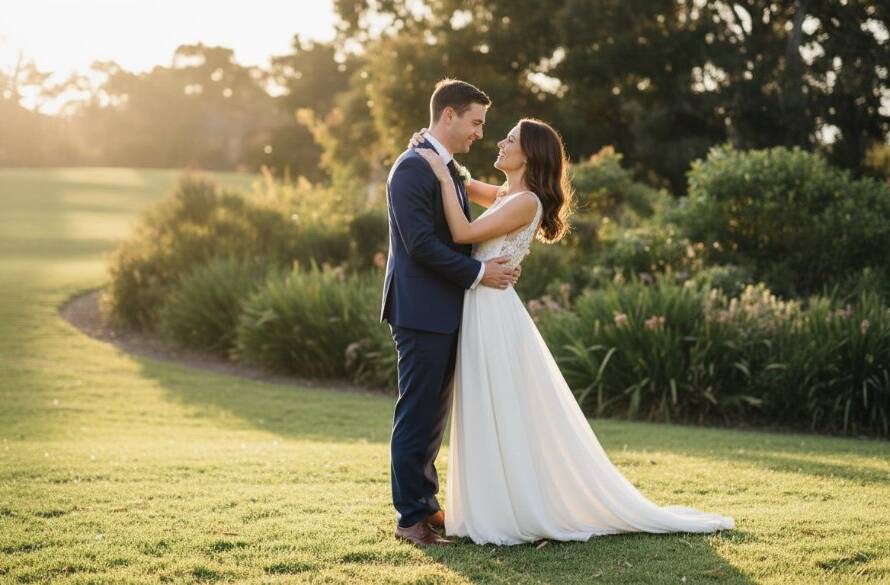 A couple sharing a tender, joyful embrace at sunset in a scenic Doncaster park, with soft golden light highlighting their celebration, perfectly capturing unforgettable Doncaster wedding photography moments.