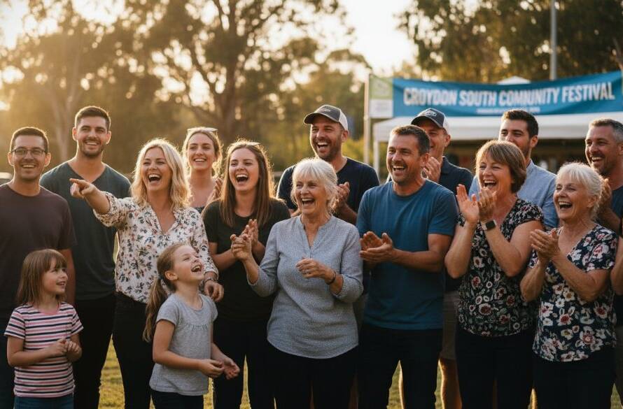 A wide-angle, vibrant photograph capturing an emotionally resonant moment during an outdoor community festival in Croydon South, Victoria, with laughter and joy radiating from a diverse group of people under golden hour sunlight. The focus keyphrase is Capturing unforgettable event photography Croydon South.