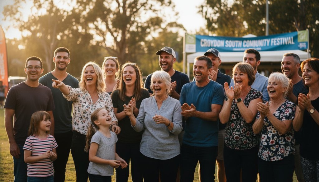 A wide-angle, vibrant photograph capturing an emotionally resonant moment during an outdoor community festival in Croydon South, Victoria, with laughter and joy radiating from a diverse group of people under golden hour sunlight. The focus keyphrase is Capturing unforgettable event photography Croydon South.