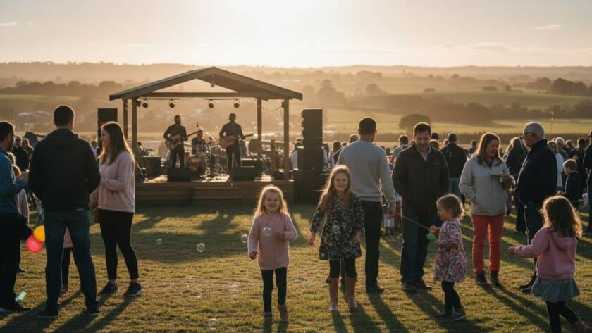 Dramatic wide shot of a community festival in Lang Lang at sunset, capturing an unforgettable moment of joy and celebration with glowing lanterns and smiling faces, professionally photographed.