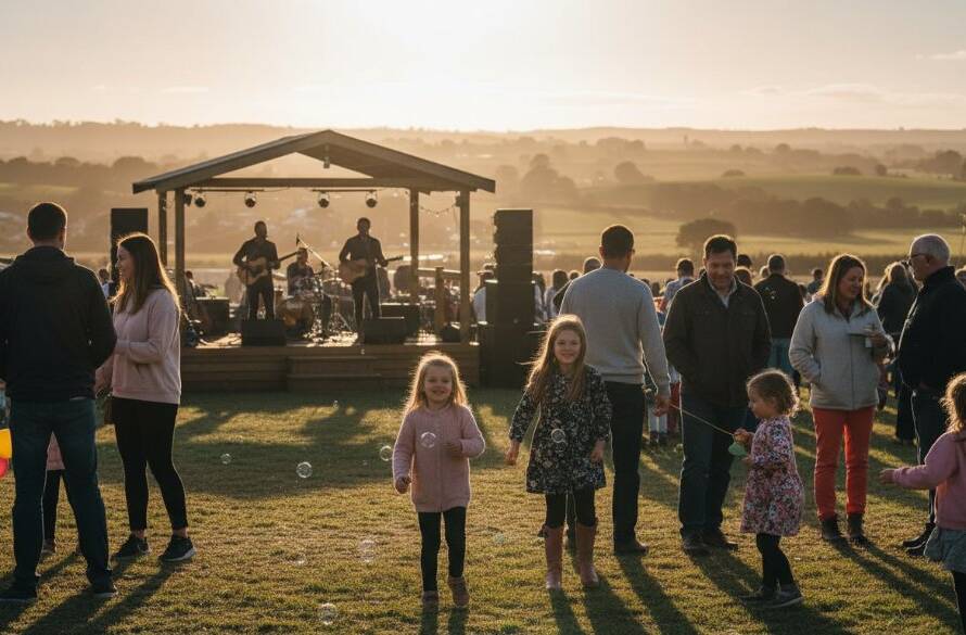 Dramatic wide shot of a community festival in Lang Lang at sunset, capturing an unforgettable moment of joy and celebration with glowing lanterns and smiling faces, professionally photographed.