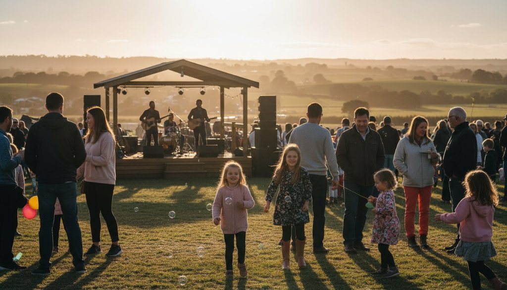 Dramatic wide shot of a community festival in Lang Lang at sunset, capturing an unforgettable moment of joy and celebration with glowing lanterns and smiling faces, professionally photographed.