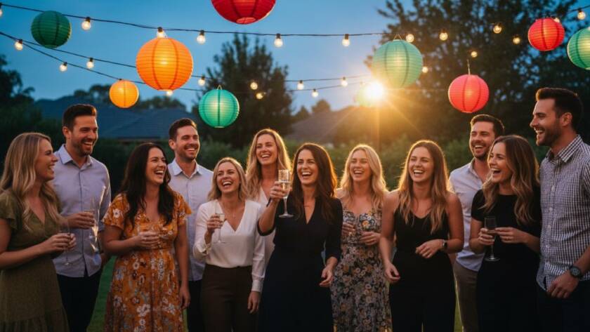 Dynamic wide shot of guests dancing joyfully under colourful string lights at a backyard party in Wheelers Hill, highlighting the vibrant atmosphere and friendship, perfectly Capturing Unforgettable Party Moments Wheelers Hill with dramatic lighting and professional colour grading.