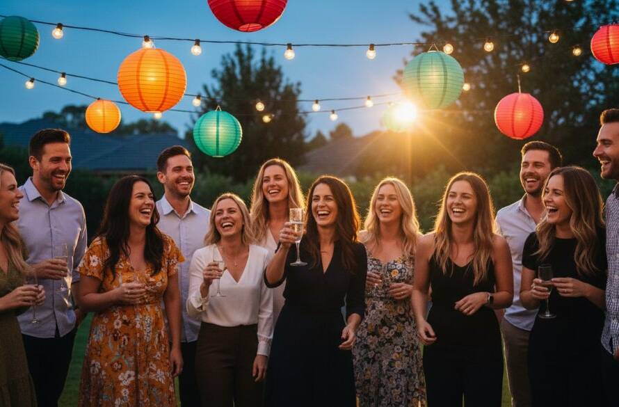 Dynamic wide shot of guests dancing joyfully under colourful string lights at a backyard party in Wheelers Hill, highlighting the vibrant atmosphere and friendship, perfectly Capturing Unforgettable Party Moments Wheelers Hill with dramatic lighting and professional colour grading.