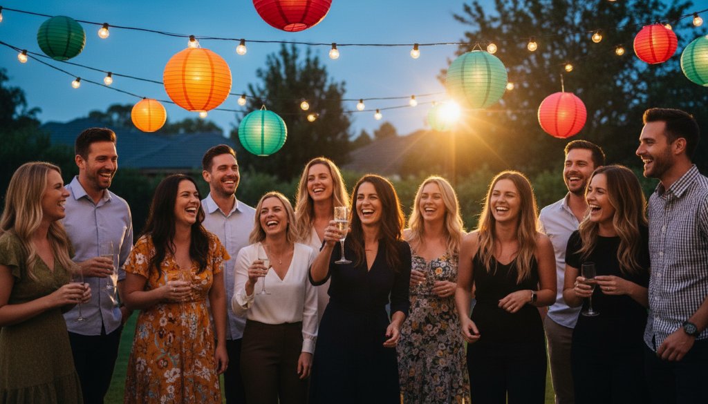 Dynamic wide shot of guests dancing joyfully under colourful string lights at a backyard party in Wheelers Hill, highlighting the vibrant atmosphere and friendship, perfectly Capturing Unforgettable Party Moments Wheelers Hill with dramatic lighting and professional colour grading.