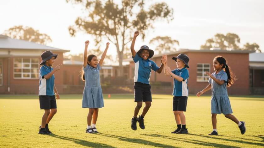 A joyful group of primary school children, dressed in their uniforms, laughing and running through a sun-drenched oval in Wantirna South, expertly capturing unforgettable school memories Wantirna South, with bokeh school buildings in the background and a warm, golden hour glow.