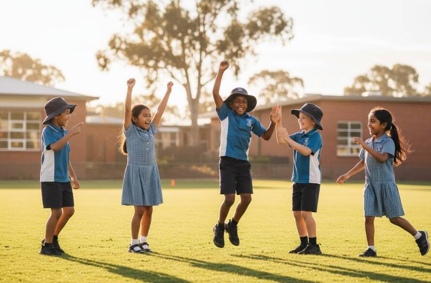 A joyful group of primary school children, dressed in their uniforms, laughing and running through a sun-drenched oval in Wantirna South, expertly capturing unforgettable school memories Wantirna South, with bokeh school buildings in the background and a warm, golden hour glow.