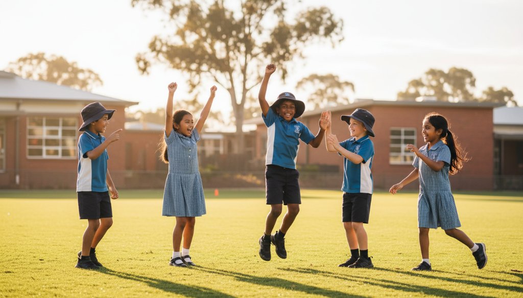 A joyful group of primary school children, dressed in their uniforms, laughing and running through a sun-drenched oval in Wantirna South, expertly capturing unforgettable school memories Wantirna South, with bokeh school buildings in the background and a warm, golden hour glow.