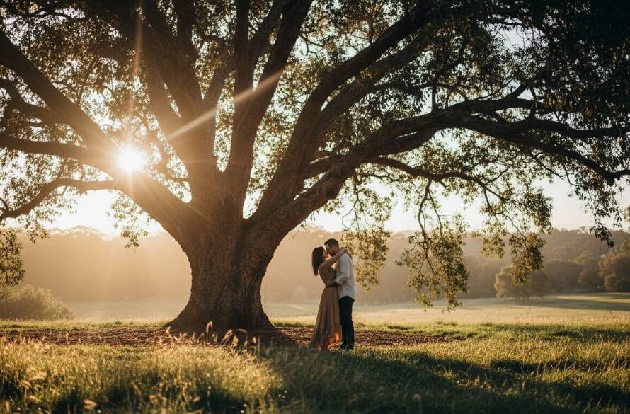 A dramatic and emotionally charged fine art photograph capturing a couple's intimate moment at sunset near the Candlebark Walk in Croydon North, embodying unique fine art photography Croydon North with professional lighting and vibrant colours.