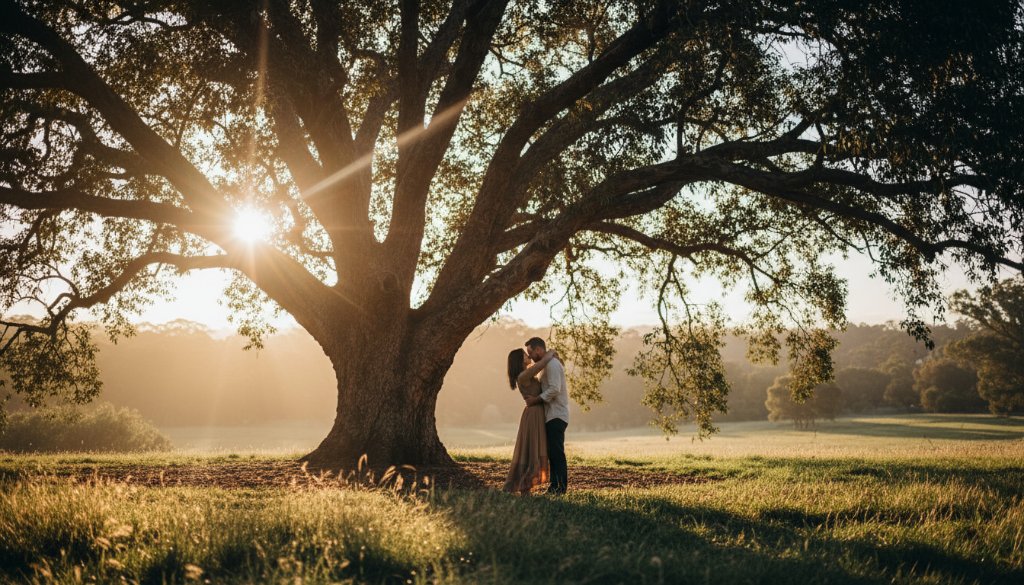 A dramatic and emotionally charged fine art photograph capturing a couple's intimate moment at sunset near the Candlebark Walk in Croydon North, embodying unique fine art photography Croydon North with professional lighting and vibrant colours.