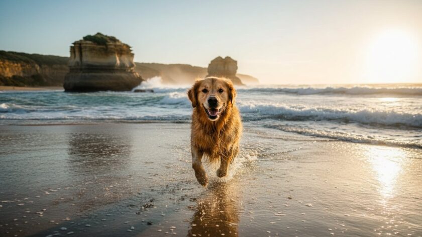 A heartwarming, professional photograph of a golden retriever joyfully running along the rugged coastline of Portland, Victoria, Australia, at sunset, embodying the spirit of capturing unique pet portraits Portland Victoria, with dramatic golden light illuminating its fur and the ocean spray.