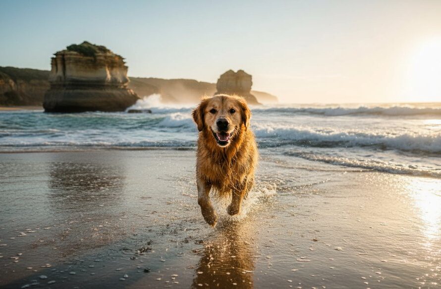A heartwarming, professional photograph of a golden retriever joyfully running along the rugged coastline of Portland, Victoria, Australia, at sunset, embodying the spirit of capturing unique pet portraits Portland Victoria, with dramatic golden light illuminating its fur and the ocean spray.